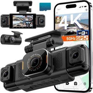 4K 4 Channel Dash Cam with 360° Surround View, 1080p Rear and Interior Recording, Built-in GPS, 8 IR Night Vision, 24H Parking Mode, Free 128GB SD Card Included